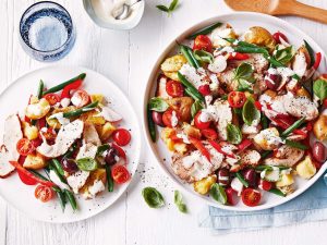 Smashed potato, olive and BBQ chicken salad