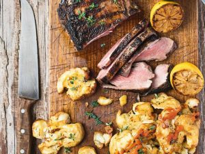 Barbecued marinated lamb with smashed potatoes