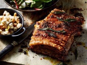 Fennel and chilli pork belly with pear and walnut salsa